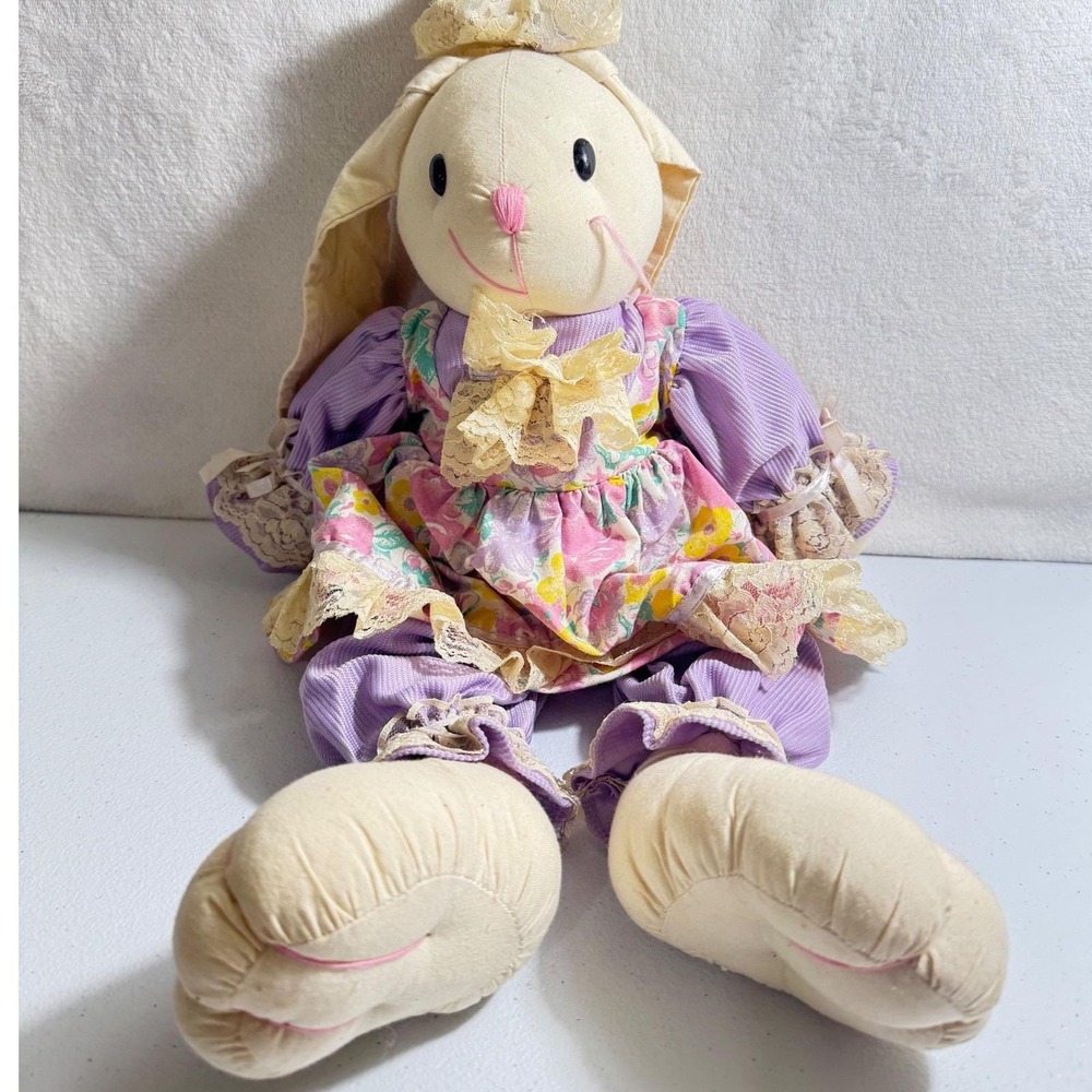Vintage Stuffed Bunny Rabbit Plush Purple Floral Lace Dress Easter Decor 18in